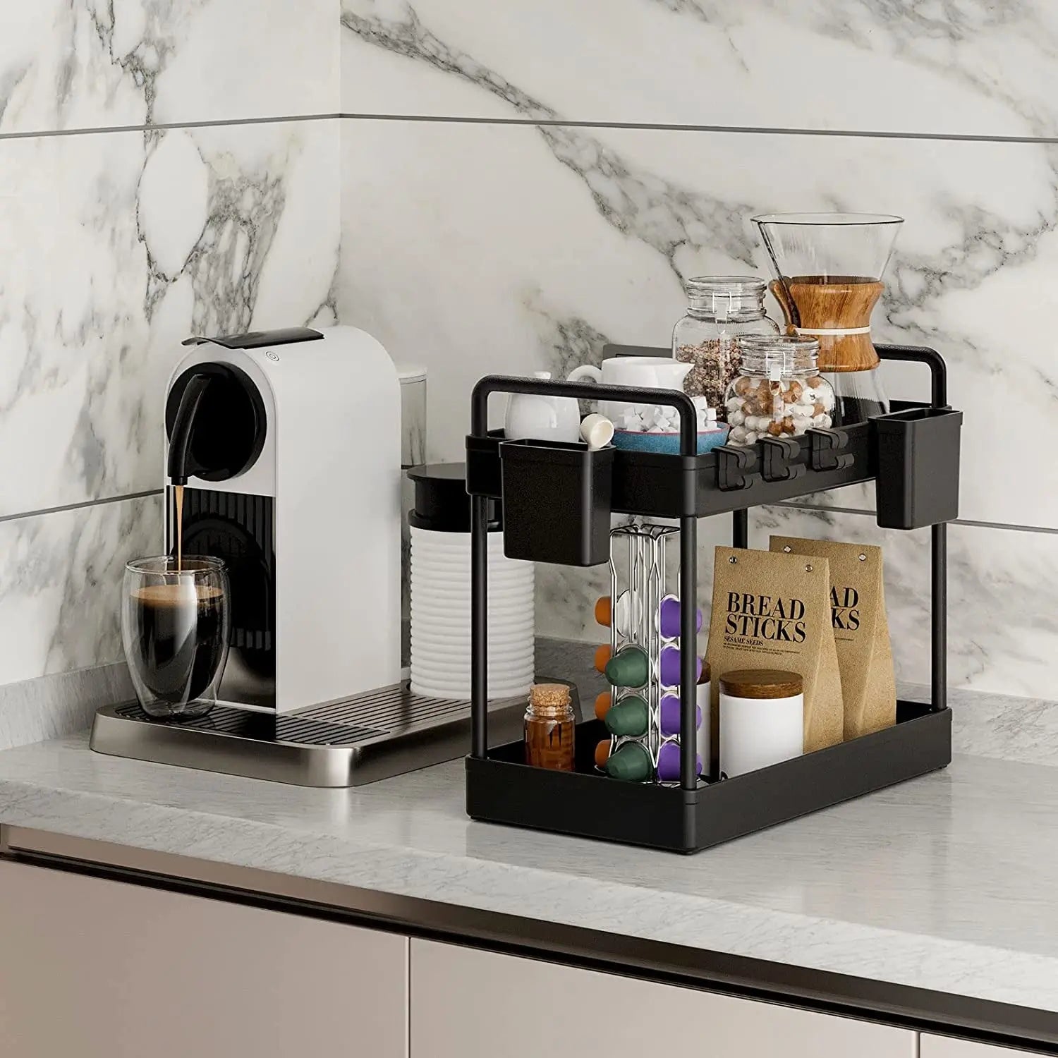 2 Pack under Sink Organizers and Storage, 2 Tier Kitchen Cabinet Organizer with Cups and Hooks, Desktop Kitchen Organization, Black Multi-Purpose Bathroom under Sink Shelf Organizer Basket